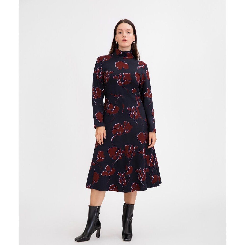 Tanya Taylor Thea Long Sleeve Floral Turtleneck Midi Dress Dark Navy Mulberry 2X